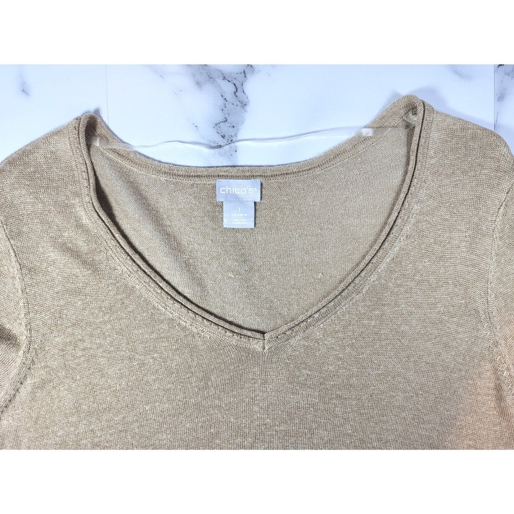 Chico's Tan Linen Blend Rolled V-Neck Long Sleeve Sweater Size 1=Medium Coastal - Picture 3 of 9